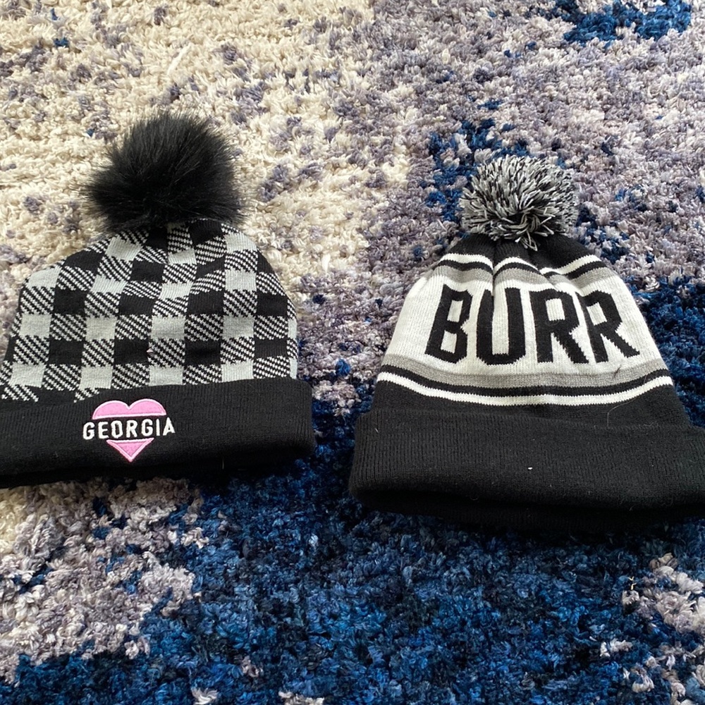 two hats black white and gray women’s toboggans barley used